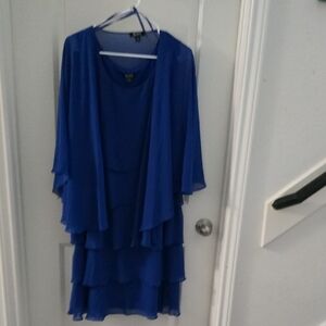 SLNY Royal Blue Layered Midi Dress With Shaw Wrap